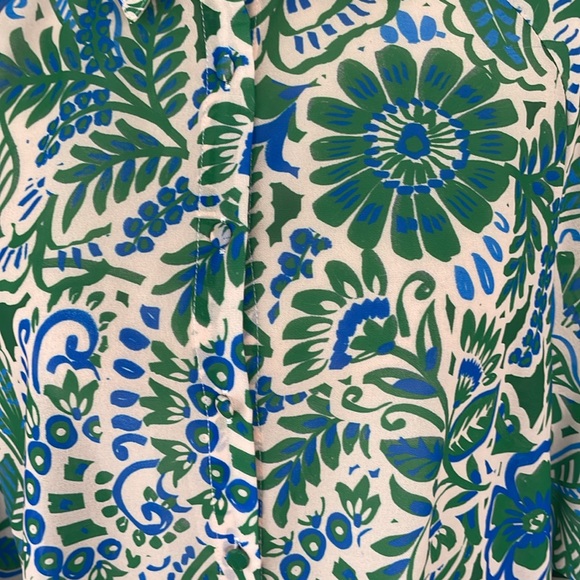 Flying Tomato Retro Style Green and Blue Leaf Print Blouse‎ Large Flowy Sleeves - Picture 2 of 6